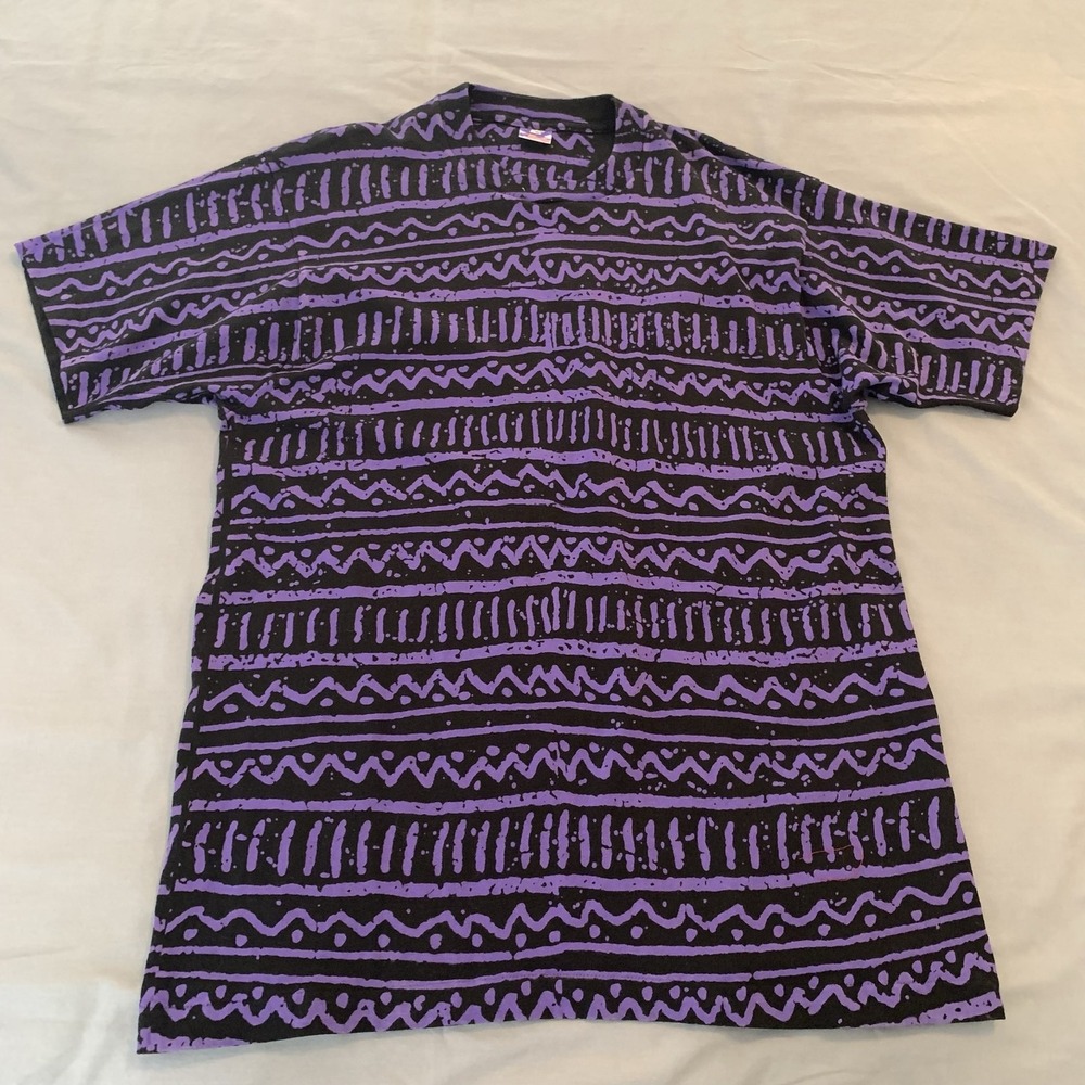 Vintage Black Abstract Tribal Allover Tee T-Shirt Mens XL Fruit Of The Loom USA